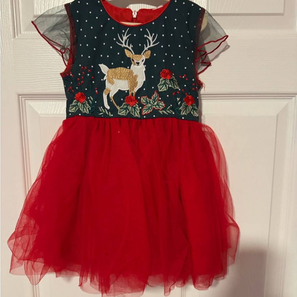 Festive Red Tulle Dress with Deer Embroidery